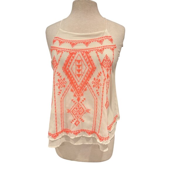 Y2K Blu Pepper Womens White & Coral Embroidered Sleeveless Layered Chiffon Tank - Picture 1 of 9